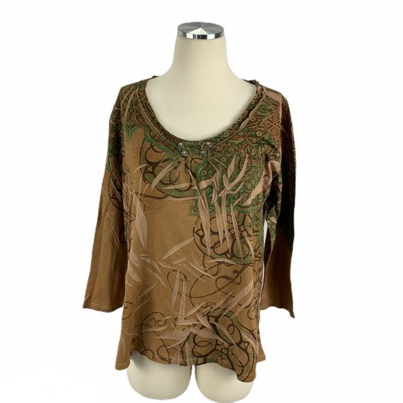 Jane Ashley Large Brown Green Blouse Tropical Boho - Picture 1 of 5